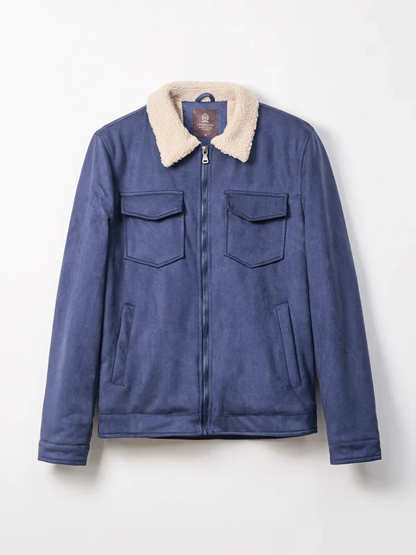 Navy Fur Collar Suede Full Sleeve Jacket